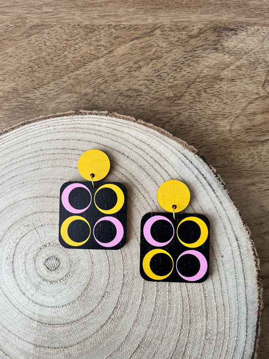 The 60s edit ~ Yellow, Pink & Black Retro Square Dangle Earrings