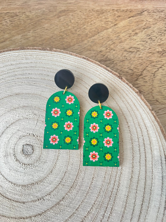 Green & Pink Flowers Arch Earrings