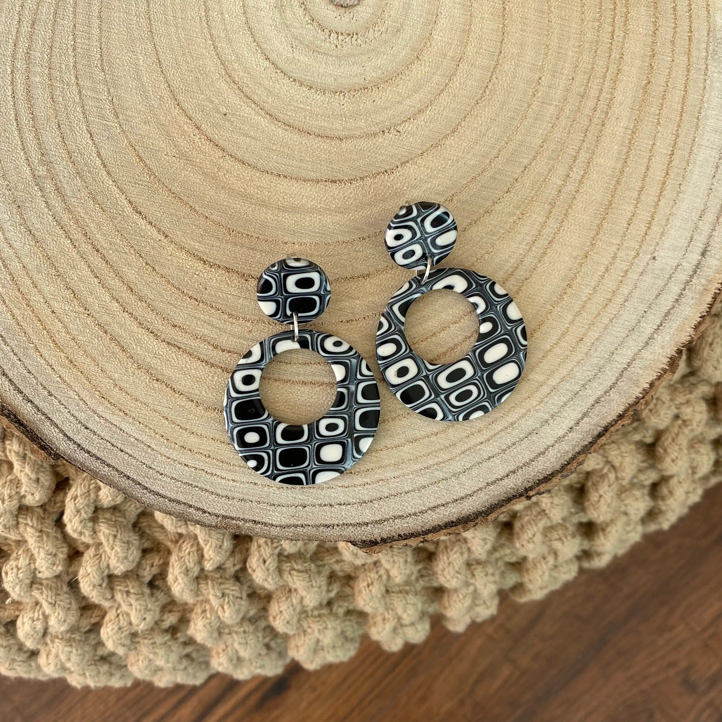 MONOCHROME ~ granny square 60s 70s retro earrings ~ circle hoops