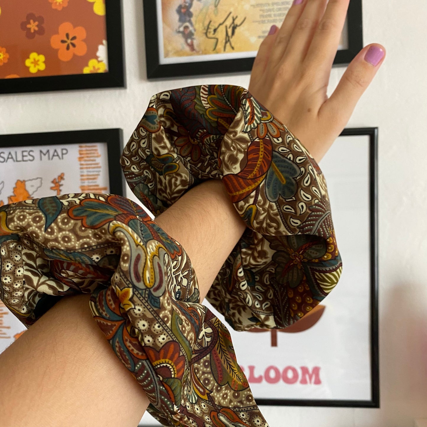 MARNIE- sustainable 60’s 70’s handmade green brown floral hair scrunchies