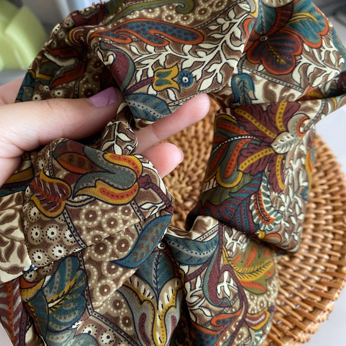 MARNIE- sustainable 60’s 70’s handmade green brown floral hair scrunchies