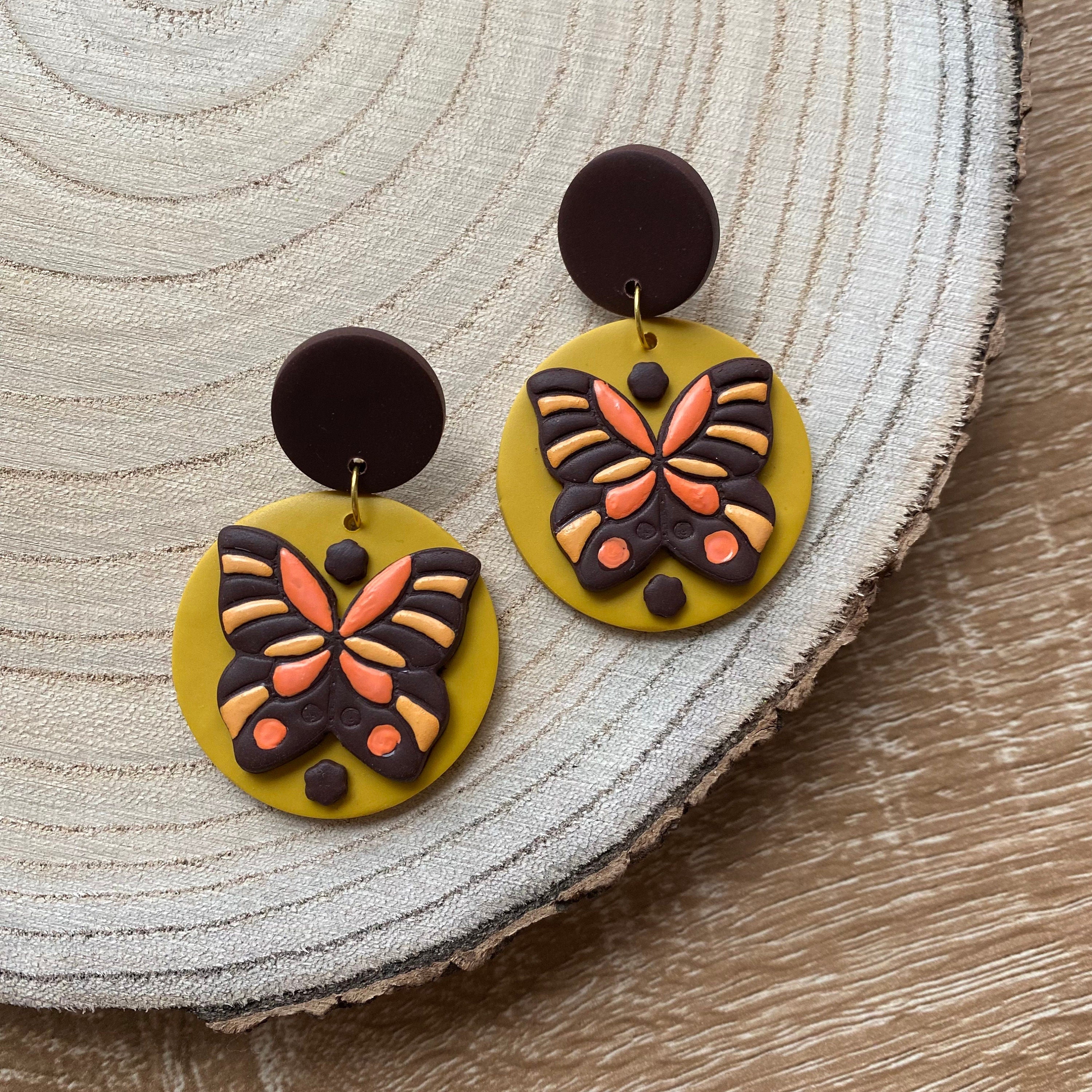 FLUTTERBY~ retro handmade and hand painted 60s boho butterfly earrings  handmade polymer clay earrings