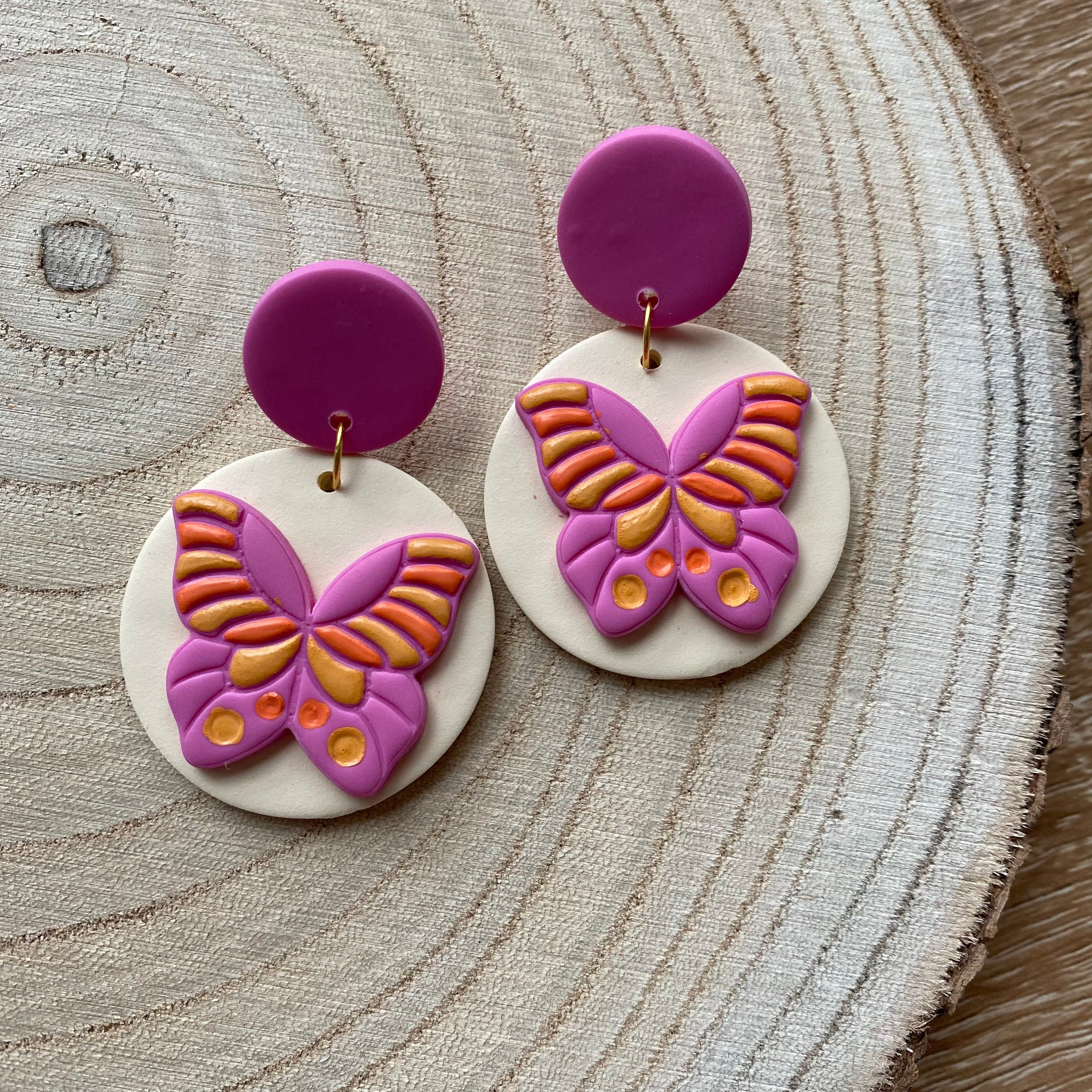 FLUTTERBY~ retro handmade and hand painted 60s boho butterfly earrings  handmade polymer clay earrings