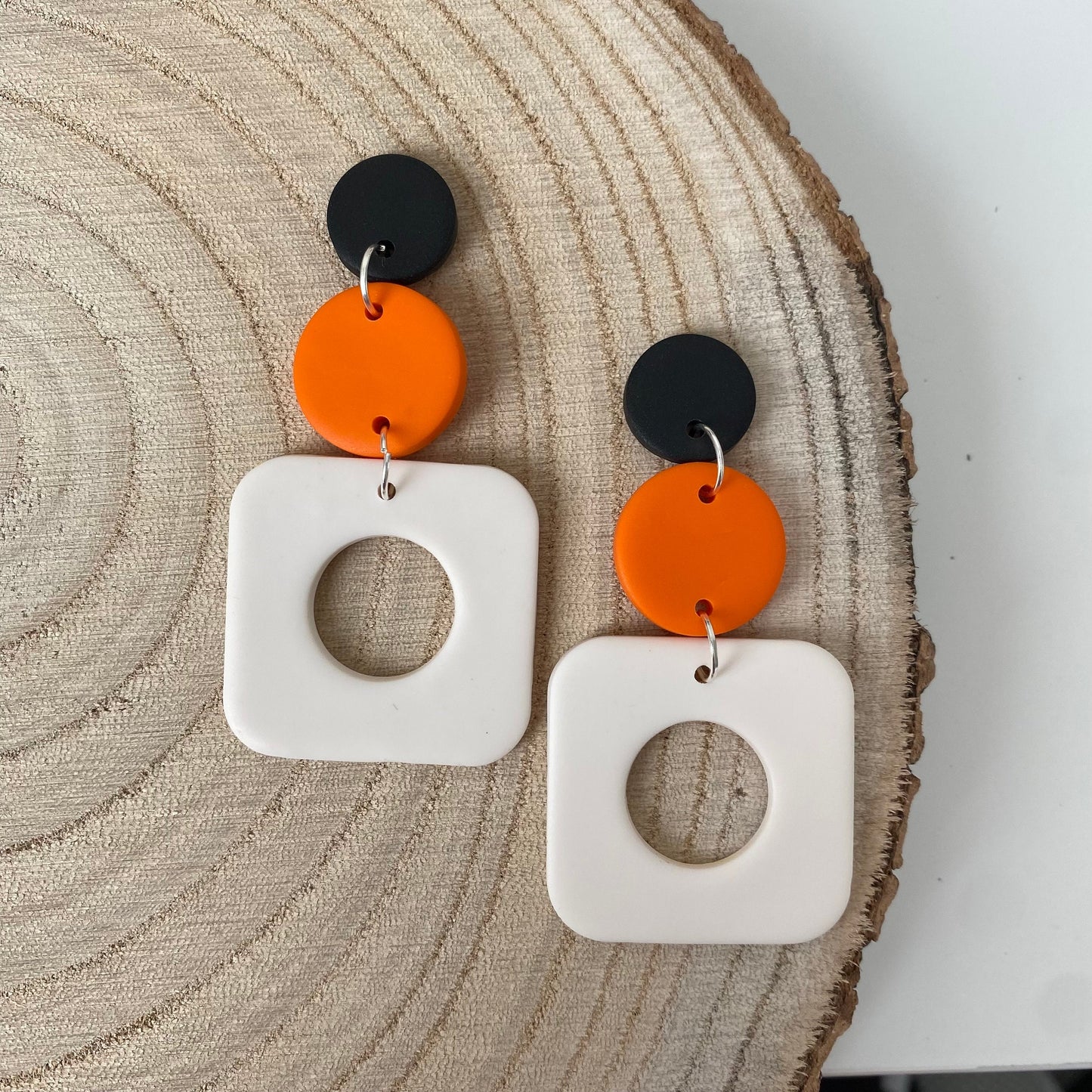 The 1970 ~ cut out square and circle dangles handmade polymer clay earrings 60s 70s boho hippie retro