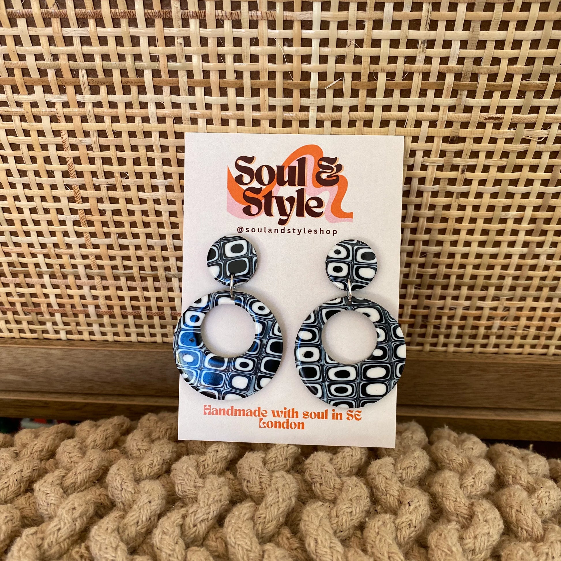 MONOCHROME granny square 60s 70s retro earrings circle hoops