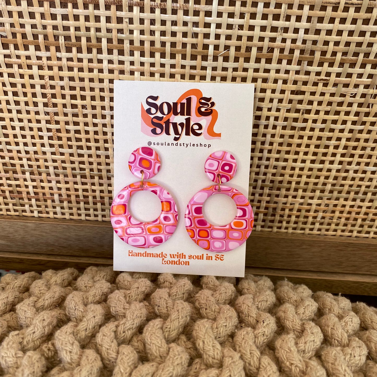 VALENTINA ~ granny square 60s 70s retro earrings ~ circle hoops