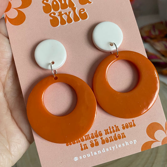 SWEET MARIGOLD ~ Burnt orange glossy 70s dangle earrings ~ off centre circle hoops